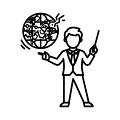 Business professional presenting global technology concept with pointer.