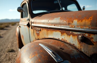 Rusty vintage car with weathered metal surface and peeling paint on a rural road