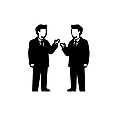Two businessmen in suits are talking and gesturing with their hands.