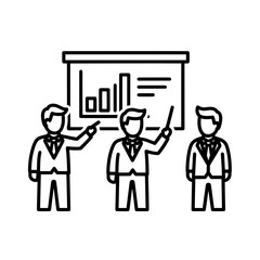 Business presentation with three men and a graph on a board.