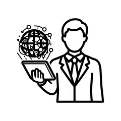 Businessman holding a tablet with a globe of network connections.