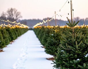 Obraz premium Christmas Tree Farm in Winter with String Lights and Snowy Rows 