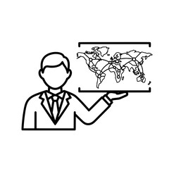Business professional presenting global network map for international business.