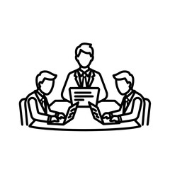 Business meeting with three people discussing important matters and using laptops.