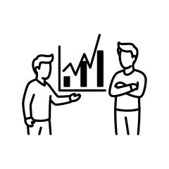 Business presentation with graph and two people discussing the data analysis.