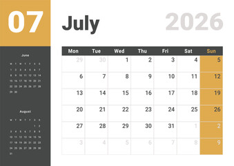 Monthly page Calendar Planner Template design of July 2026. Vector layout of calendar with week start Monday for Scheduling. Page for size A4 or 21x29.7 cm
