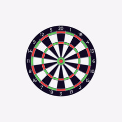 Vector illustration of a dartboard isolated on white background. Classic dart target with bullseye and numbered segments. Perfect for sports, games, entertainment, and recreational design projects.