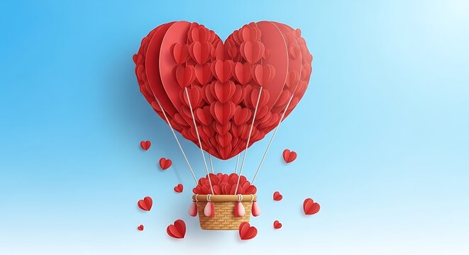 Red heart shaped hot air balloon flying on blue background for love concept - Powered by Adobe