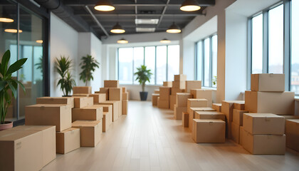 Fototapeta premium Boxes in new open space office, relocation