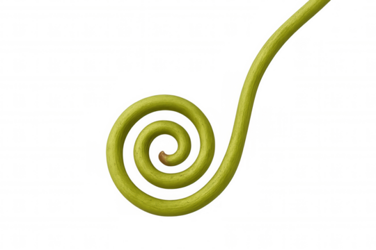 Green plant tendril forming a spiral, showing natural growth, movement, and a connection to nature. Image has transparent background