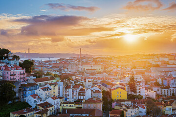 Sunset view of Lisbon from Miradouro da Senhora do Monte viewpoint. Lisbon, Portugal