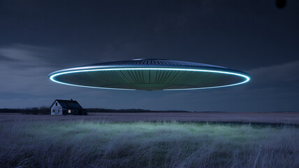 UFO Over Futuristic City with Lightning