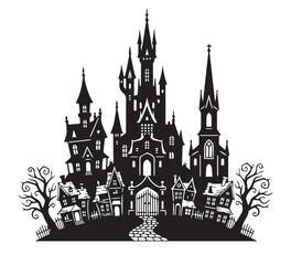 Obraz premium Enchanting Silhouette Spooky Gothic Castle and Quirky Town Scene for Halloween Concept Illustrations