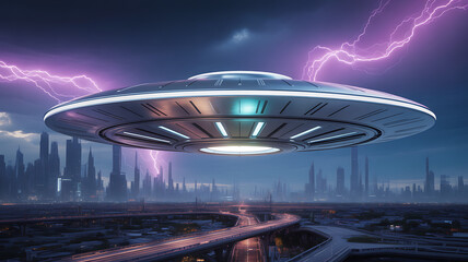 UFO Over Futuristic City with Lightning