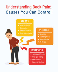 Back pain causes infographic. Medical infographic illustrating common causes of lower back pain - stress, posture and behavior