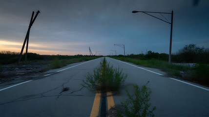 Wide shot from above of a deserted highway at dusk, broken streetlights casting long shadows, overgrown with weeds, somber mood, photorealistic.