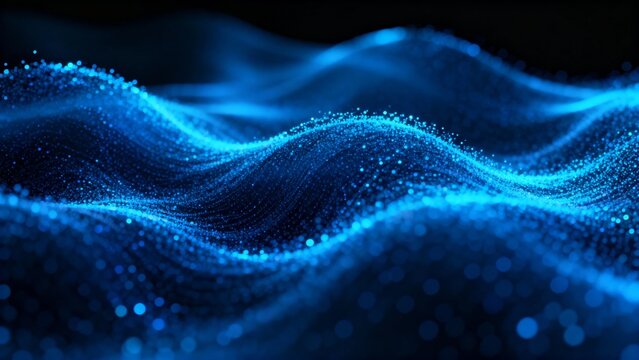Abstract digital wave pattern with glowing blue particles and bokeh effects on a dark background, creating a futuristic and dynamic visual texture.
