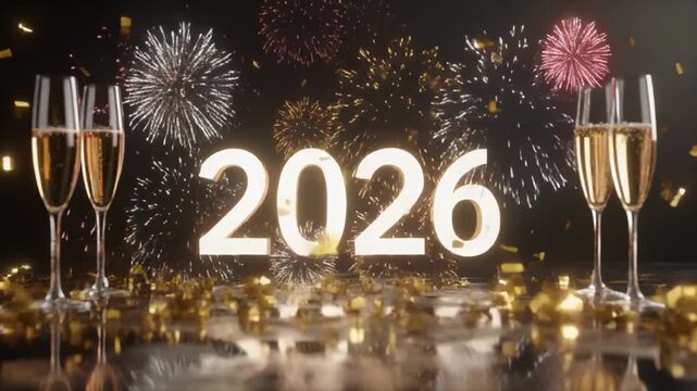 celebraci&oacute;n de A&ntilde;o Nuevo 2026. Fondo oscuro elegante con destellos dorados y plateados. N&uacute;meros '2026' en el centro con textura met&aacute;lica brillante, reflejando luces de fuegos artificiales sutiles