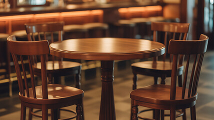 Wooden Bar stools with high table. Round wooden table and two chairs bar isolated. Bar Table and Round Bar Table. Pub Dining Table