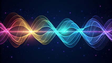 Abstract colorful waves with light streaks and glowing stars on a dark blue background design