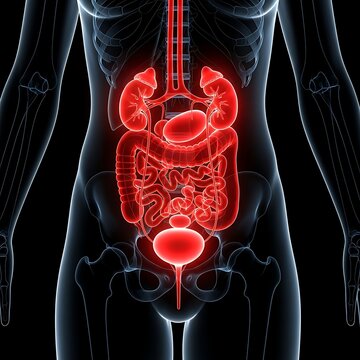 Highlighted human digestive system anatomy with bladder, kidney and intestine