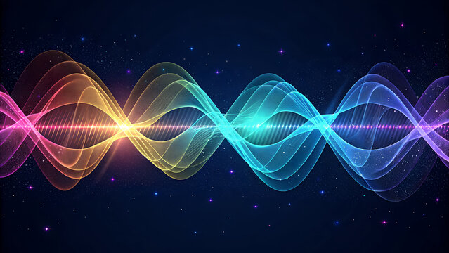 Abstract colorful waves with light streaks and glowing stars on a dark blue background design