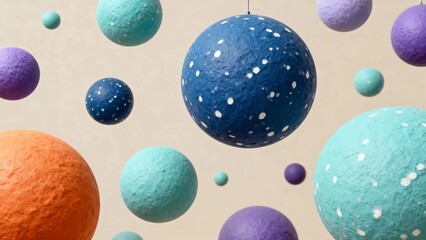 A vibrant array of colorful, textured spheres suspended in mid-air, featuring a mix of solid and speckled patterns in various sizes and hues.