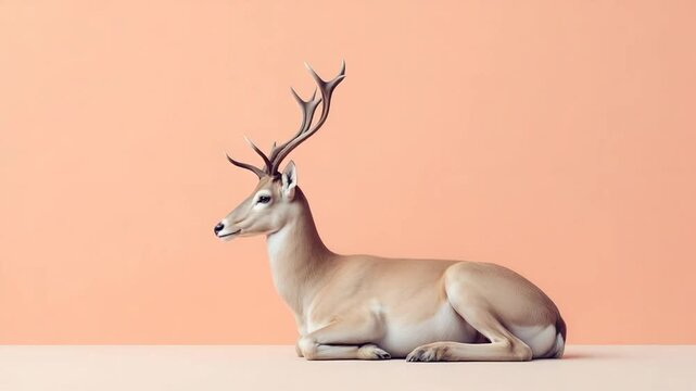 A realistic sculpture of a deer with antlers, resting against a peach-colored backdrop.