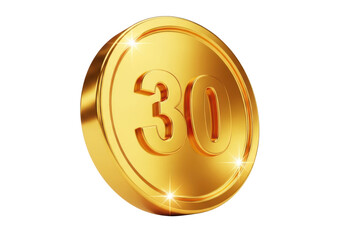 Golden coin with number 30 isolated on transparent background