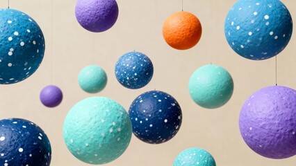Fototapeta premium Colorful textured spheres suspended in mid-air, featuring a variety of hues and patterns against a neutral background.