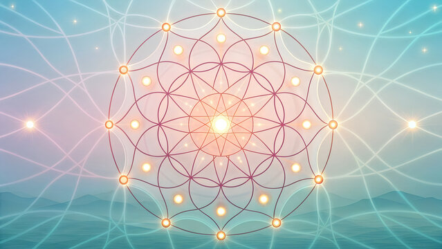 Geometric flower of life pattern with glowing nodes and pastel gradient background design element