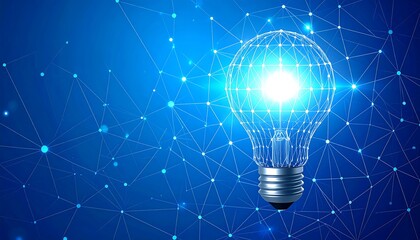 Bright lightbulb on blue networked background