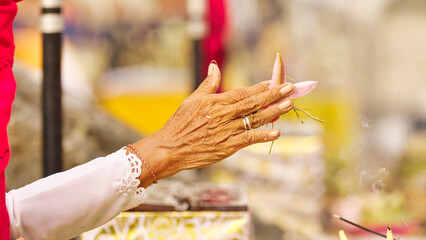 Close-up, hindu balinese woman praying with frangipani flower in hand