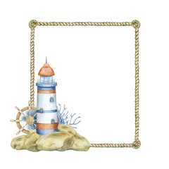 A frame made of sea rope with a lighthouse standing on rocks, a ship's rudder and seaweed. Watercolor illustration in beige, blue and red tones.