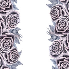 A frame with roses in gray tones. Vertically arranged flowers and leaves painted in watercolor.