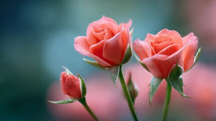 Beautiful coral roses blooming in a serene garden setting during early morning light