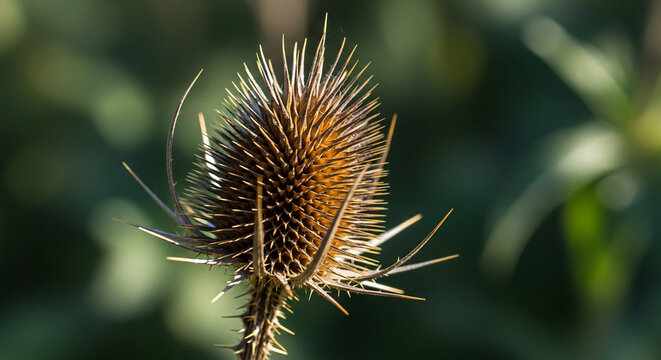 Closeup of a teasel head in autumn with blurred green background in the garden on a sunny day in the fall season