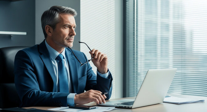 Pensive businessman in suit sitting at desk with laptop in office looking out the window with blinds - Powered by Adobe