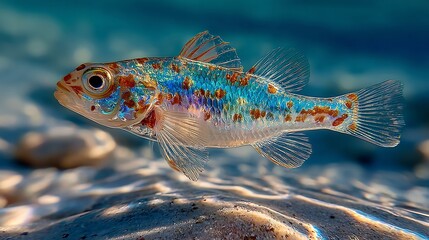 Obraz premium Stunning iridescent fish swimming in crystal clear water, a captivating aquatic scene, perfect for nature documentaries or eco-tourism campaigns