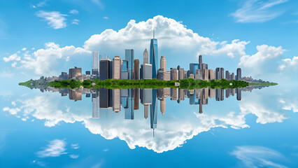 City skyline reflected in water with clouds creating a surreal and artistic composition view
