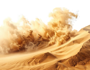 Powerful desert sandstorm engulfing sand dunes with dramatic wind action.