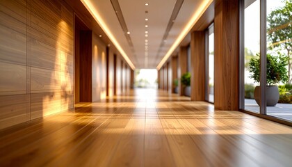 Modern wooden corridor with sleek design and bright lighting creates serene atmosphere