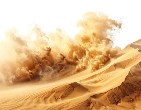 Powerful desert sandstorm engulfing sand dunes with dramatic wind action.