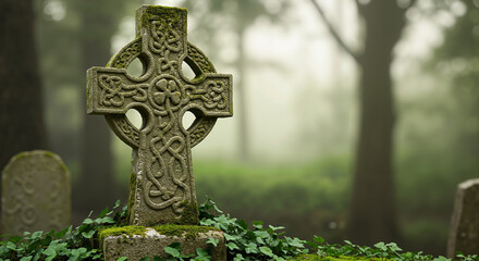 Celtic cross surrounded by misty forest, symbolizing heritage and remembrance for St. Patrick's Day, copy space
