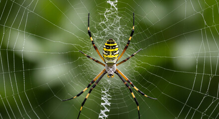 A striking argiope aurantia, commonly known as a yellow garden spider, sits prominently in its intricate web