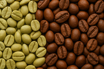 Raw and roasted coffee beans side by side — contrast between green and brown coffee