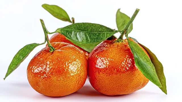A vibrant studio shot features three fresh, ripe mandarins, each still attached to its bright green leaves and stem, resting against a crisp white background. The fruit's dimpled orange skin glows wit
