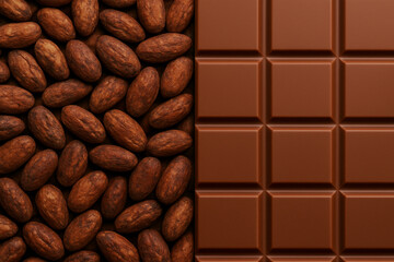 Cocoa beans and milk chocolate bar — close-up, background and texture