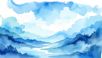 Serene blue watercolor landscape with layered mountains and winding river.