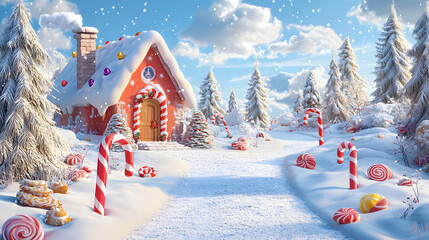 A snow-covered path leads to a cartoon Christmas house among candy canes, lollipops, and fir trees—a magical winter fairytale landscape in a Christmas theme